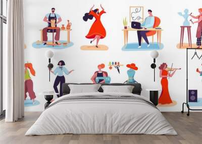 Artistic people. Men and women with creative professions musician, artist, designer, potter, sculptor. Characters enjoying their hobby vector set. Leisure time or art work or occupation Wall mural