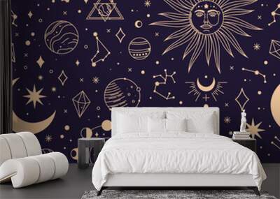 Astrology seamless pattern with constellations, planets and stars. Space galaxy, starry night textile fabric print vector background. Mystical and magical elements on cosmic sky with celestial bodies Wall mural