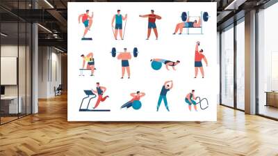 athletic men training at gym, exercising with sport equipment. male characters doing cardio exercise Wall mural