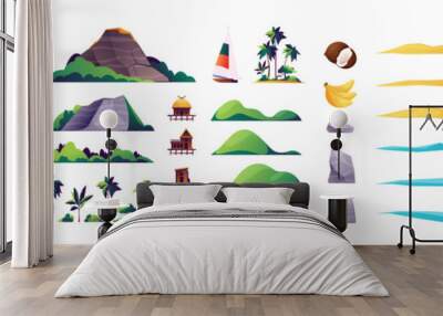 Beach island elements. Tropical landscape constructor with mountains hills palm trees stones, nature environment and recreation concept. Vector set. Land, sand with sea or ocean water Wall mural