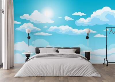 Blue sky with clouds. Anime style background with shining sun and white fluffy clouds. Sunny day sky scene cartoon vector illustration. Heavens with bright weather, summer season outdoor Wall mural