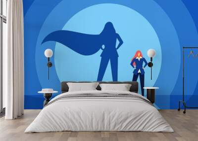 Businesswoman with superhero shadow. Strong, confident and successful business woman. Leadership, courage, power, success vector concept. Female boss or manager succeed, having promotion Wall mural