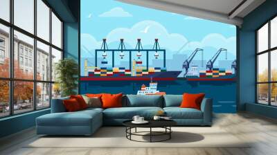 Cargo ship in seaport. Industrial freight vessel with shipping containers docked at port. Sea transportation industry vector illustration. Export and import business and commercial shipment Wall mural