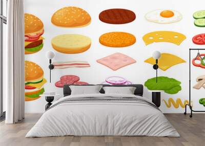 Cartoon burger ingredients. Bun, cheese, roasted egg, pickle, sliced tomato, onion. Fast food burgers constructor, sandwich ingredient vector set. American lunch, meat and vegetables Wall mural