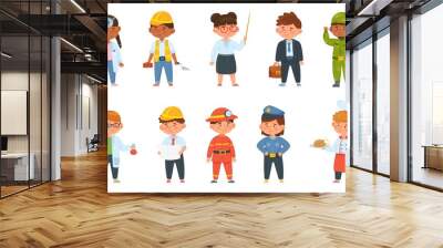 Cartoon kids of different professions, children in professional uniforms. Boy and girl firefighter, doctor, teacher, chef, engineer vector set. Young characters choosing future career Wall mural