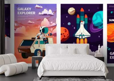 Cartoon space posters. Colorful space exploration and cosmic flight posters, universe galaxy planets and stars science and technology concept. Vector set. Expedition to cosmos with astronaut Wall mural