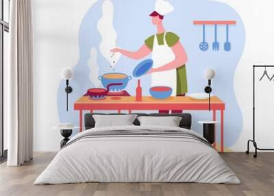 Chef cooks dinner at kitchen, restaurant or cafe. Illustration of restaurant chef cooking dinner, professional preparation by staff, lunch cooked in catering vector Wall mural