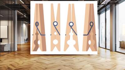 Clothespin collection. Empty wooden clothes pegs, laundry cord and rope clip, household dry cleaning utensil flat style. Vector isolated set of pin clothespin illustration Wall mural