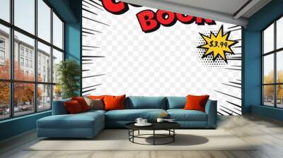 Comic book cover. Retro comics title page template in pop art style. Cartoon superhero magazine with speed rays and halftone effect vector layout. Frame with price, issue number and speed lines Wall mural