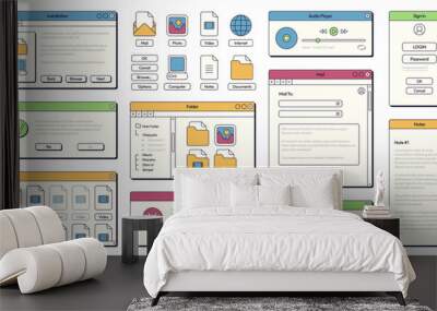 Computer 90s UI. Retro 80s and 90s style GUI panels with buttons and frames for application and operating system design. Vector modern notification screen of gui design 90s illustration Wall mural