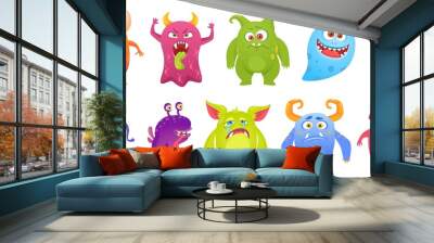 Cute monster characters smiling, funny aliens and creatures. Cartoon goblin, ghost, alien. Scary monsters with silly faces vector set. Fantasy comic beasts with different expressions Wall mural