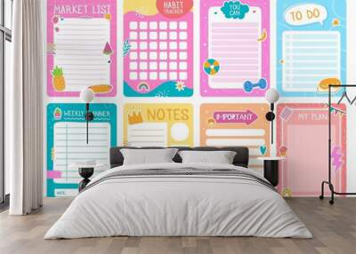 Cute planner pages with stickers, notebook or diary template. Weekly planner, to do list, habit tracker kids journal page design vector set. Schedule, you can and plans checklist for print Wall mural