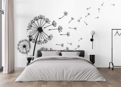 dandelions with flying seeds, fluffy dandelion flower silhouettes. spring season blooming blowball f Wall mural