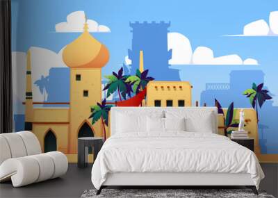 Desert town. Arabian middle east architecture buildings in desert, old street with mud brick sand houses, market and palm trees. Vector village landscape. Residential house, mosque and shop Wall mural