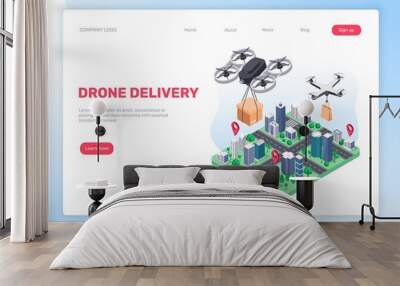 Drone delivery. Drones delivering packages to customers. Delivery service concept with flying quadcopters and city map vector landing page. Smart futuristic shipping service with parcels Wall mural