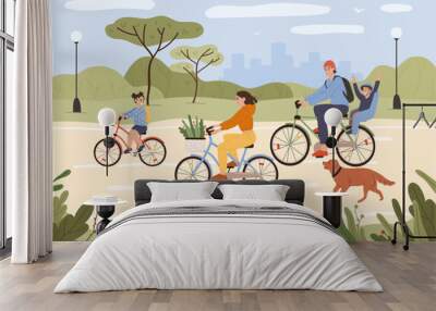 Family on bikes. Parents and kids riding bikes. Active family cycling in city park. Summer outdoor recreation, sports activity vector illustration. People having healthy lifestyle, leisure time Wall mural