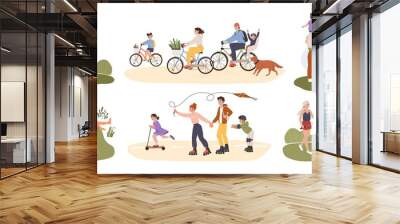 Family outdoor activity. Parents and children spending time together. Having picnic, doing yoga, cycling. Family summer activities vector set. Mother, father and kids having fun on nature Wall mural