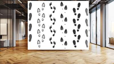 Footprint track, human walking footstep trails. Shoe foot print route, walk footprints path, dirty boot imprint trail silhouette vector set. Female and male trace, trekking or hiking concept Wall mural