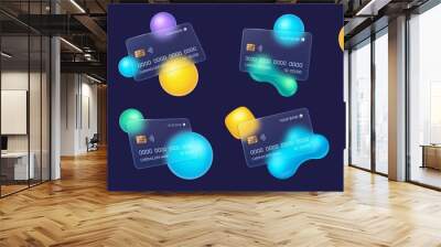 Glassmorphism credit card, frosted glass bank cards with blur effect. Transparent matt plastic debit card with abstract shapes vector set. Illustration of payment card glass template Wall mural