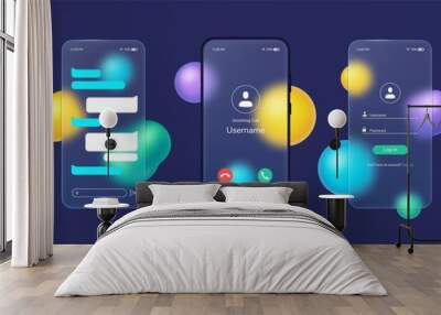 Glassmorphism smartphone, transparent glass plates with mobile app ui. Frosted glass phone screen with blurred abstract shapes vector set. Illustration of glassmorphism smartphone Wall mural