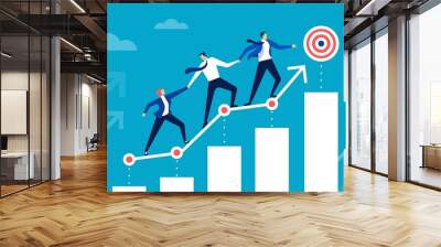 Goal achievement. Business team running to target. Coworkers helping each other achieve goals. Career growth, partnership, teamwork vector concept. Team going along graph bar to aim Wall mural