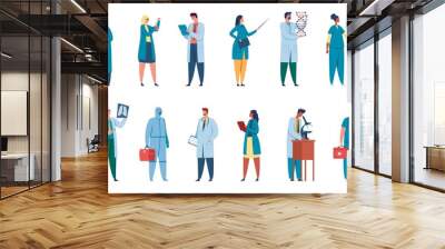 Hospital workers. Healthcare characters doctors, nurses, surgeons, physicians in professional uniforms. Medical staff team vector set. Scientist doing research with microscope, people in gown Wall mural