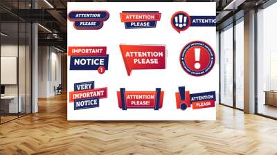 Important badges. Warning and caution stickers, alert and danger announcement symbols, offer and sale banner frames. Vector isolated collection. News red labels of different shapes Wall mural