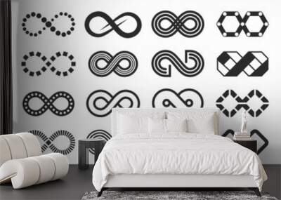 Infinity icon, infinite symbol sign, eternal loop logo. Black unlimited arrow strokes, endless rings, mobius shape symbols vector set. Curvy futuristic identity logotype, modern emblems Wall mural