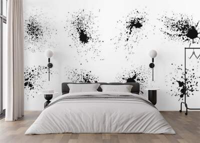 Ink splashes. Grunge spray paints splatter. Black liquid paint splotches, falling ink drops, blots. Abstract inkblot stains texture vector set. Graffiti droplets, paintbrush spills Wall mural