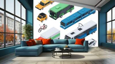 isometric city vehicles and public transport car, train, bus. urban transportation bike, motorcycle, Wall mural