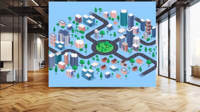 Isometric city. Modern urban cityscape with buildings, apartment houses, skyscrapers, roads, streets, trees, stores. 3d vector navigation map. Residential ares with plants and shops Wall mural