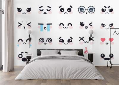 Kawaii faces. Manga face cute japanese characters, cartoon emoji facial emotions. Smile, sad and anger, cry and joy, love vector set. Happy and sad expression, celebrating birthday Wall mural