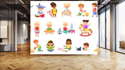 Kids playing and crafting, handmade in kindergarten. Vector child and kids, boy and girl in kindergarten play with toys illustration Wall mural