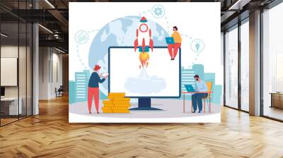 Launch business start up online, team developers. Launch startup company and management teamwork development. Vector illustration Wall mural