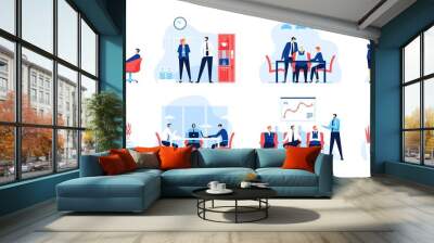 Office business meeting. Business team working in office. Conference, presentation, corporate training, brainstorming vector concept set. Colleagues having coffee break, cooperation Wall mural