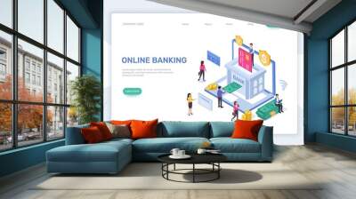 Online banking landing page. 3d isometric online finance management concept. Secure payments, money transactions vector web template. Electronic bank with employees and clients web page Wall mural