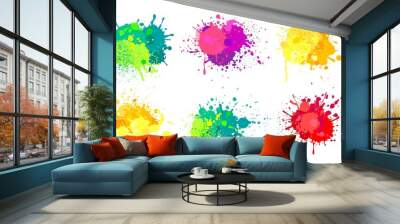 Paint splatter. Colorful spray paints splashes, rainbow colored ink stains, drops, blot. Abstract grunge color painted stains vector set. Bright liquid inkblots mix isolated on white Wall mural