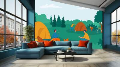 People camping, group of tourists with tent and bonfire. Vector of tourist travel group outdoor with campfire and campsite illustration Wall mural