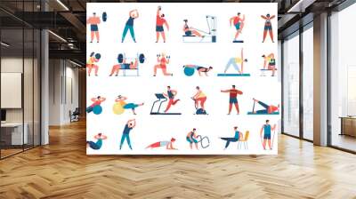 People exercise in gym. Female and male characters leading healthy lifestyle. Men training with barbell, weight, running on treadmill. Women doing yoga, woking out with dumbbells vector set Wall mural