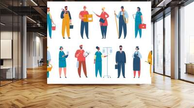 People of different professions, professional workers in uniform. Characters with various occupation doctor, artist, teacher vector set. Male and female employees with working equipment Wall mural