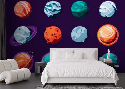 Planets collection. Cartoon fantasy planet with different shape and color, universe cosmic group of different shape planetoid and satellites. Vector set. Galaxy universe bodies isolated in space Wall mural