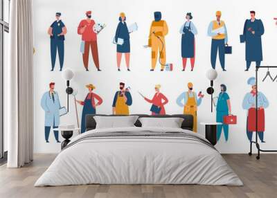 Professional workers in uniform, men and women with various occupations. Engineer, nurse, chef, policewoman, builder, farmer vector set. Career characters with different employment Wall mural