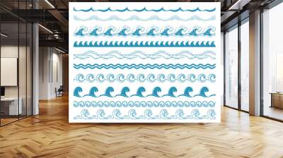 Sea wave borders. Seamless ocean blue waves, nautical horizontal border for pattern brush, wavy water splashes. Sea storm and river flow abstract symbols. Isolated vector set. Wall mural