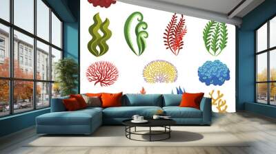 Seaweed and corals. Cartoon underwater reef plants and animals. Aquarium, ocean and sea flora, marine floral elements vector set. Anemones and algae planting seascape, aquatic icons Wall mural