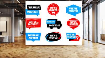 we moved signs. relocation message with pointer, house relocation sticker with stamp, flat label for Wall mural