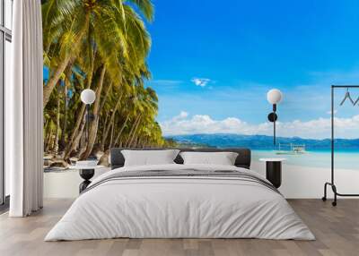 Beautiful landscape of tropical beach on Boracay island, Philippines. Coconut palm trees, sea, sailboat and white sand. Nature view. Summer vacation concept. Wall mural