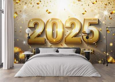 2025 Happy New Year banner with falling confetti  Wall mural