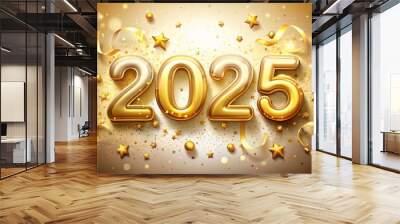 2025 Happy New Year banner with falling confetti  Wall mural