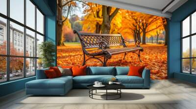 Bench in autumn park Wall mural