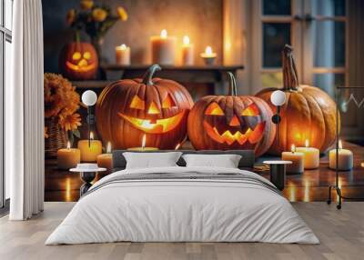 Halloween pumpkins with burning candle on table in dark living room Wall mural